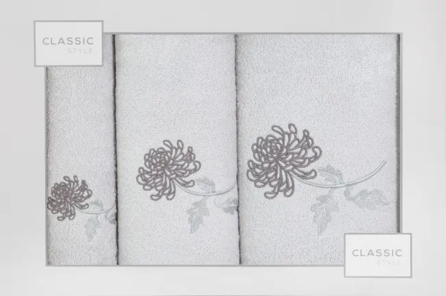 Komplet ręczników w pudełku 3 szt srebrny grafitowy kwiat gałązka Floris 380g/m2 Eurofirany