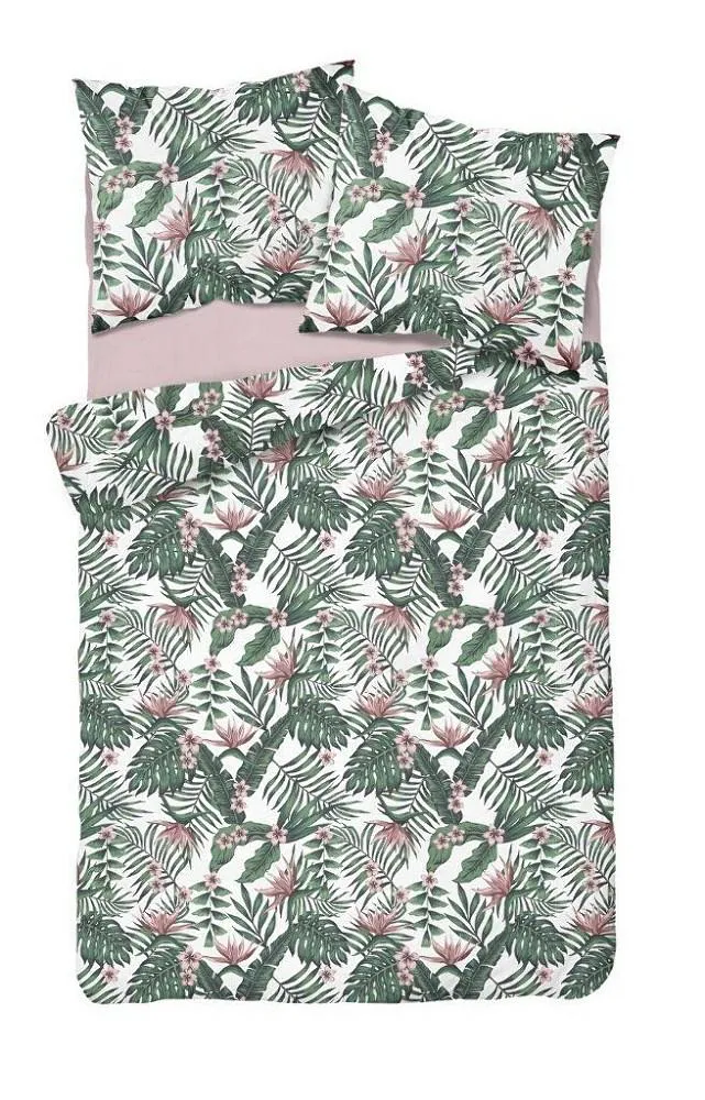 Pościel satynowa 160x200 3480 A zielona różowa w pudełku Liście kwiaty palmy Fashion Satin satyna bawełniana