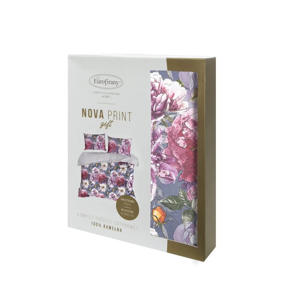 Pościel satynowa 220x200 Peonie kwiaty malowane szara fioletowa czerwona zielona roślinna w pudełku Peonia Nova Print Gift Eurofirany