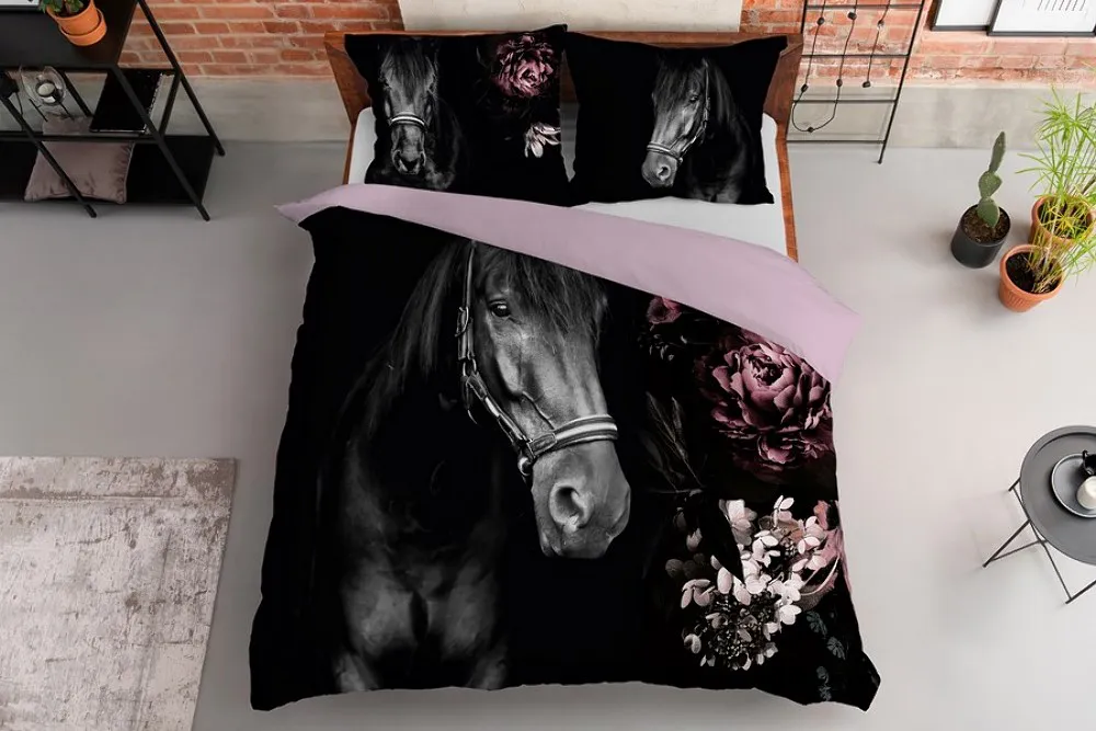 Pościel bawełniana 160x200 3821 A Koń czarna różowa kwiaty młodzieżowa konie horse Holland Natura 2