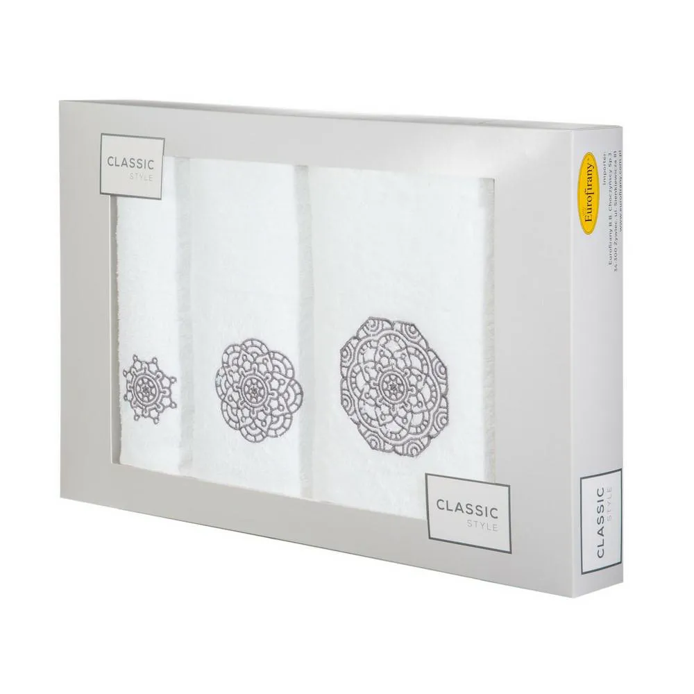Komplet ręczników w pudełku 3 szt biały grafitowy Mandala 380g/m2 Eurofirany