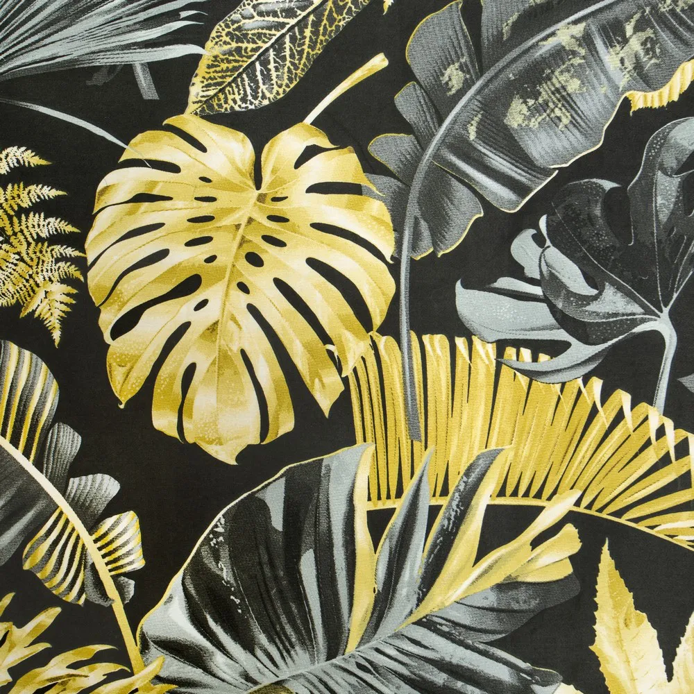 Pościel satynowa 220x200 Dorado liście palmy monstery czarna żółta szara egzotyczna roślinna w pudełku Nova Print Gift Eurofirany