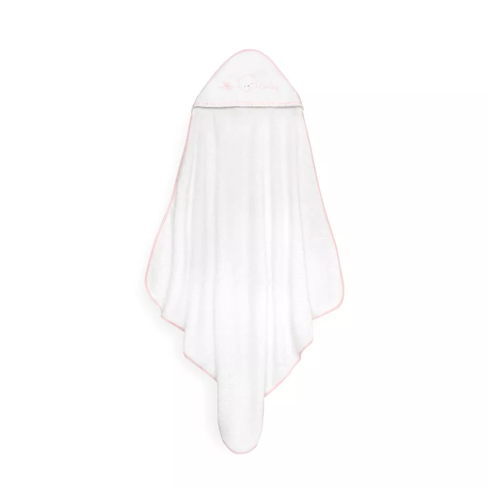 Okrycie kąpielowe 100x100 Baby biały  różowy ręcznik z kapturkiem + śliniaczek