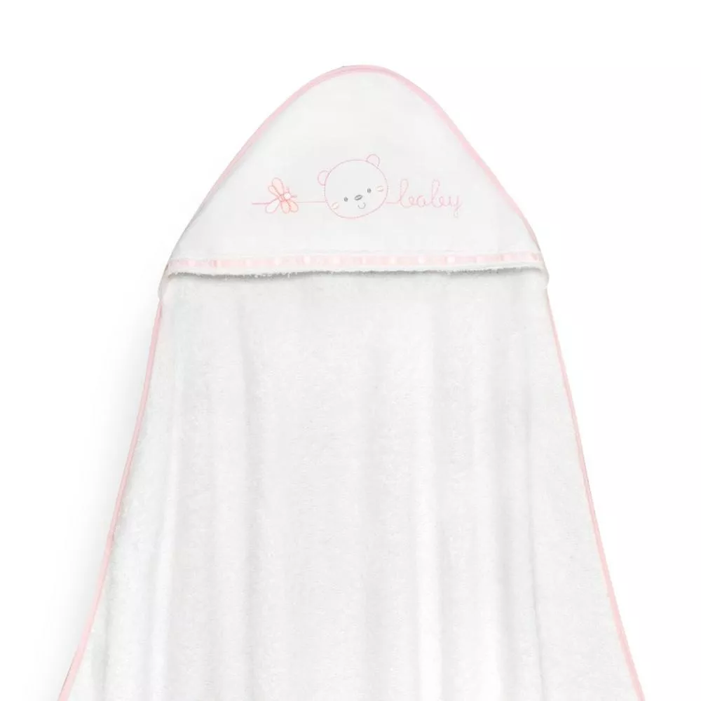 Okrycie kąpielowe 100x100 Baby biały  różowy ręcznik z kapturkiem + śliniaczek