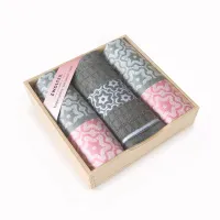 Komplet ścierek kuchennych Czapla 3szt Marsala szary różowy w drewnianym pudełku