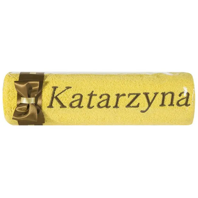 Ręcznik z haftem 50x90 Katarzyna żółty brązowa kokarda na prezent imieninowy