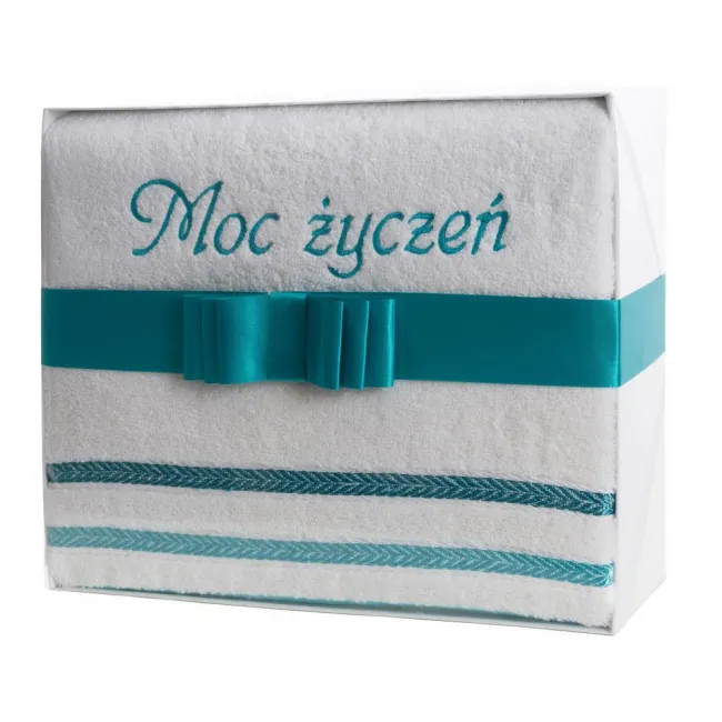 Komplet ręczników 2szt T/0330 Moc Życzeń biały turkusowy w pudełku zestaw upominkowy na prezent Eurofirany