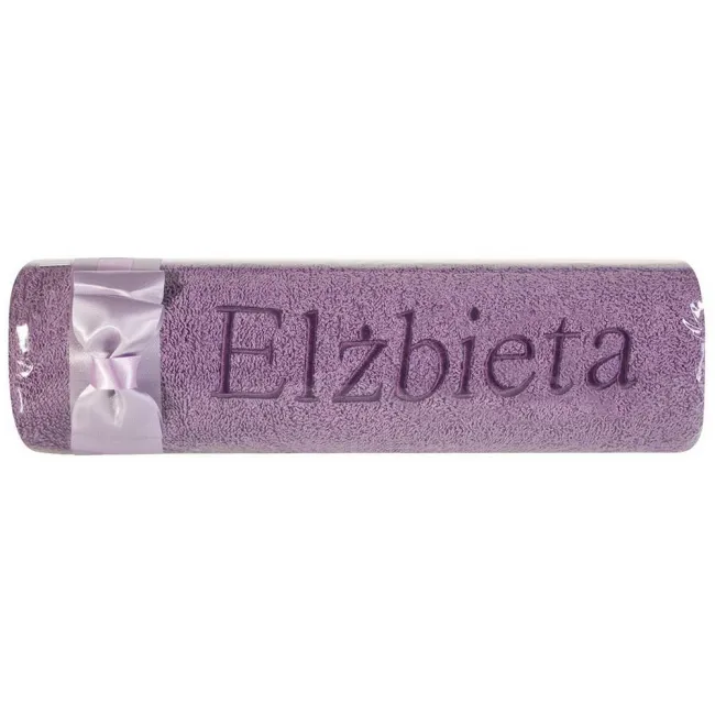 Ręcznik z haftem 50x90 Elżbieta fioletowy wrzosowa kokarda na prezent imieninowy