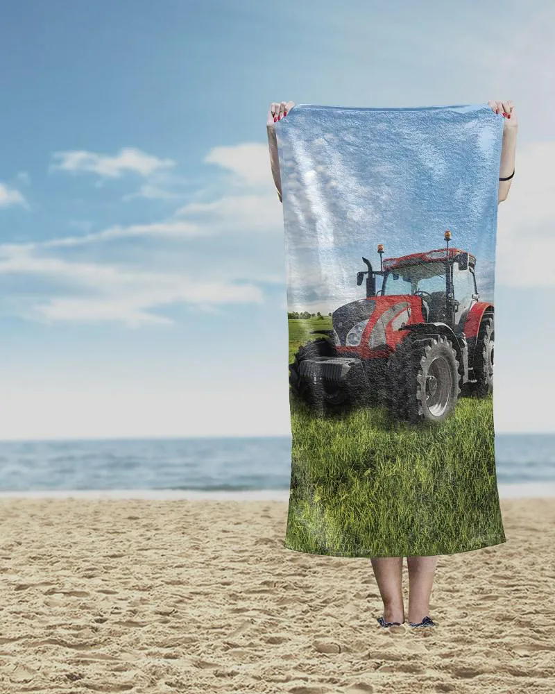 Ręcznik plażowy 70x140 Traktor czerwony   zielony dziecięcy bawełniany