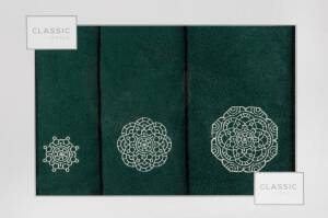Komplet ręczników w pudełku 3 szt zielony ciemny szampański Mandala 380g/m2 Eurofirany
