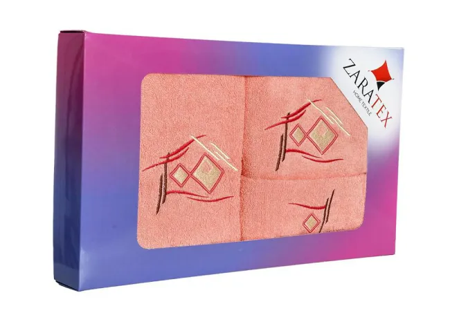 Komplet ręczników w pudełku 3 szt Romby geometryczny łososiowy 30x50, 50x90, 70x140 400g/m2