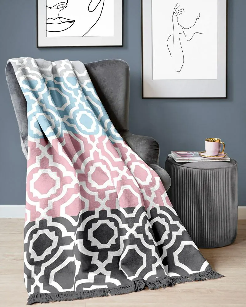 Koc bawełniany akrylowy 150x200 pasy grafitowy różowy niebieski szary maroko z frędzlami 075 A JB na łóżko turecki 123