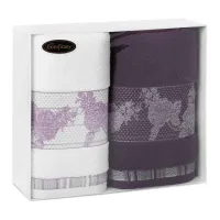 Komplet ręczników T/0497 2 szt Isabel 2x70/140 biały fioletowy ciemny zestaw upominkowy 485g/m2 Eurofirany