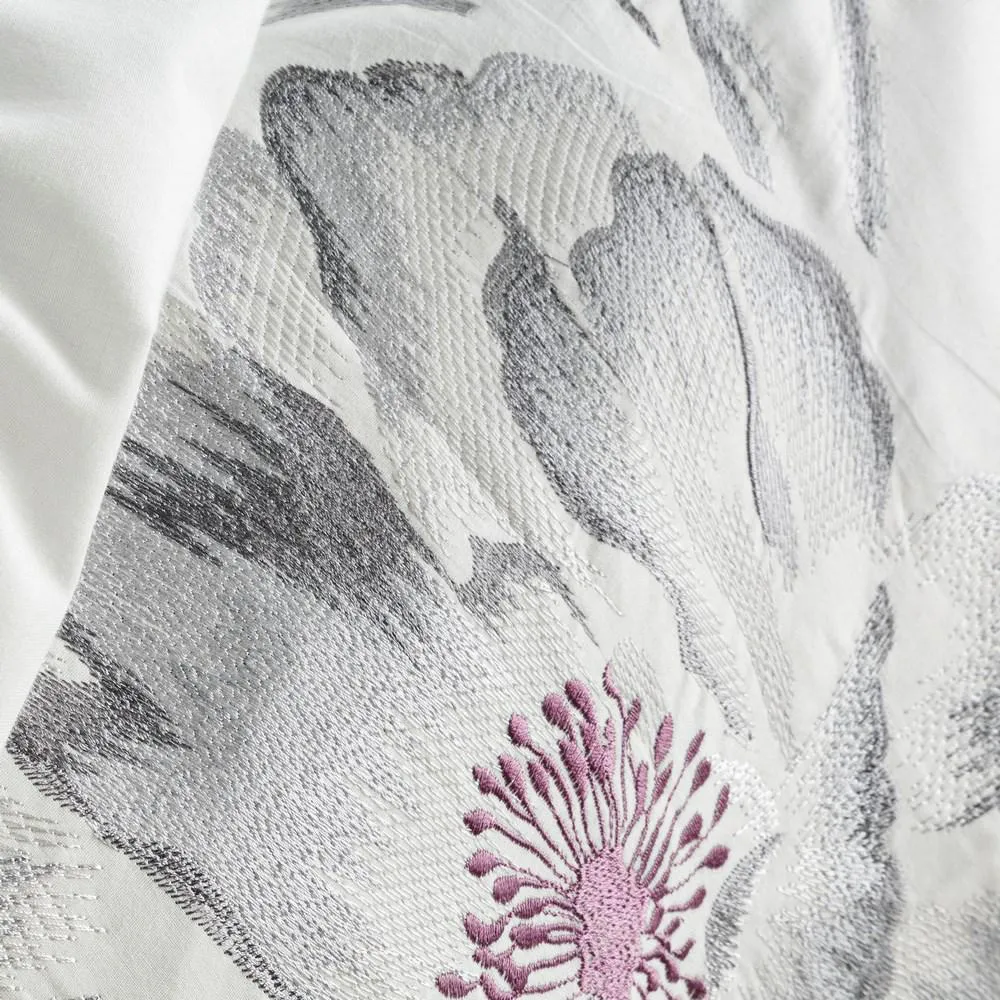 Pościel bawełniana 220x200 kwiaty haftowana biała szara Celine Eurofirany