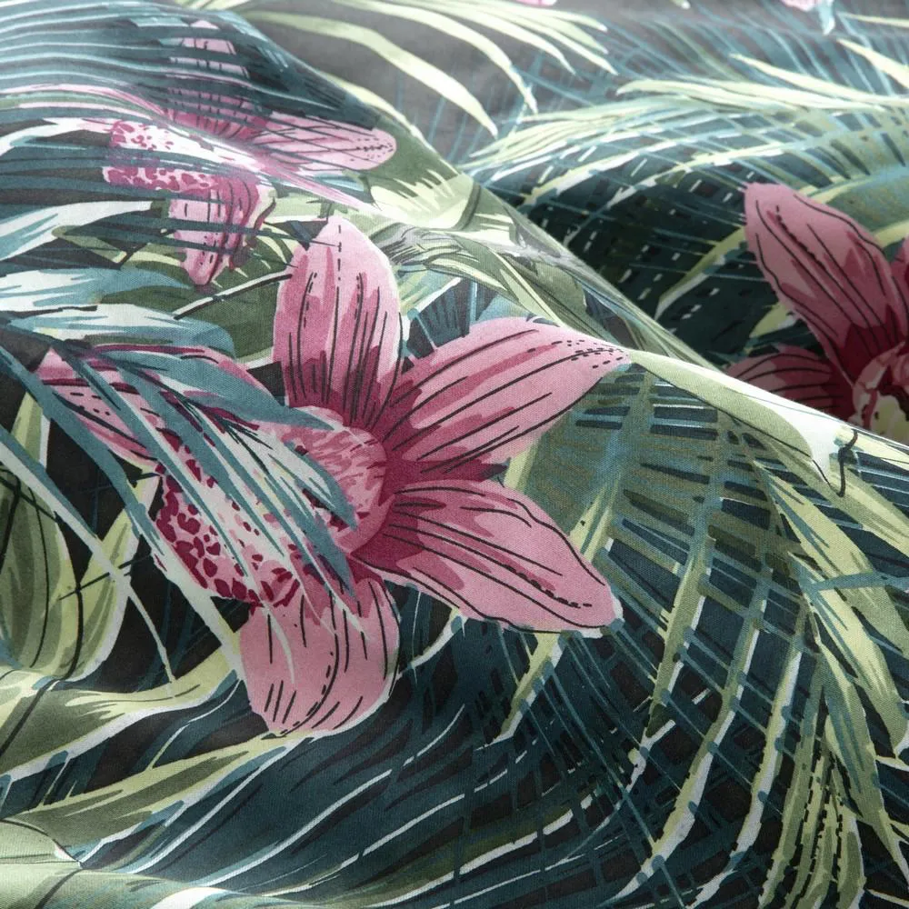 Pościel satynowa 220x200 Calista kwiaty liście palmy zielona amarantowa dwustronna Eurofirany