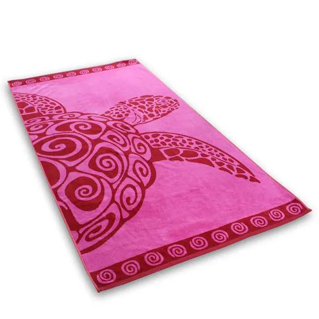 Ręcznik plażowy 90x180 Pinkturtle 0456 Różowy żółw spirale pasy czerwone
