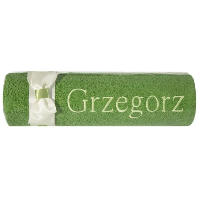 Ręcznik z haftem 50x90 Grzegorz zielony kremowa kokarda na prezent imieninowy