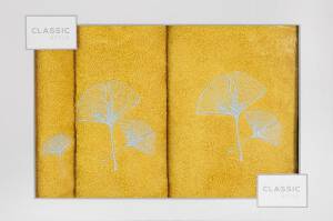 Komplet ręczników w pudełku 3 szt musztardowy srebrny liście miłorzębu 380g/m2 Biloba Eurofirany