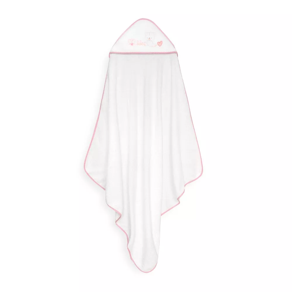 Okrycie kąpielowe 100x100 Corazones  biały różowy ręcznik z kapturkiem + śliniaczek