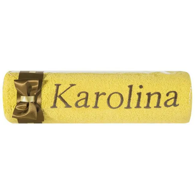 Ręcznik z haftem 50x90 Karolina żółty brązowa kokarda na prezent imieninowy