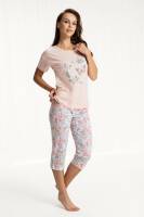 Piżama damska 608 różowa motyle XL krótki rękaw spodnie 3/4 bawełniana