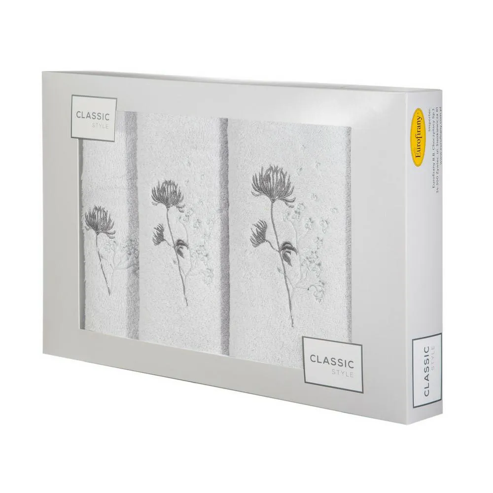 Komplet ręczników w pudełku 3 szt srebrny grafitowy kwiat gałązka Delion 380g/m2 Eurofirany