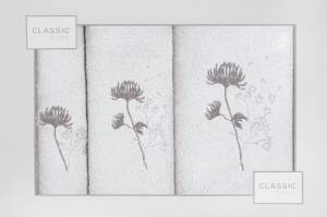 Komplet ręczników w pudełku 3 szt srebrny grafitowy kwiat gałązka Delion 380g/m2 Eurofirany