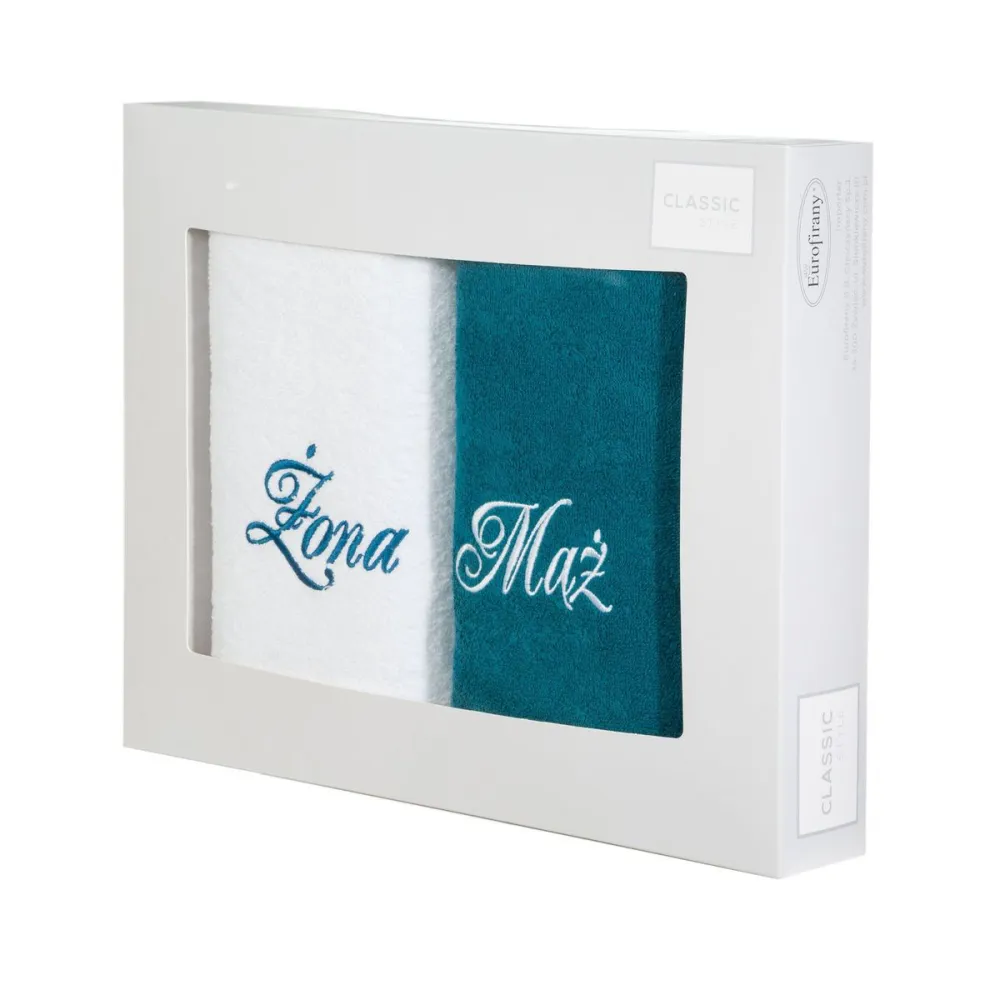 Komplet ręczników w pudełku 2 szt 70x140 Mąż Żona biały turkusowy ciemny 360g/m2 Eurofirany