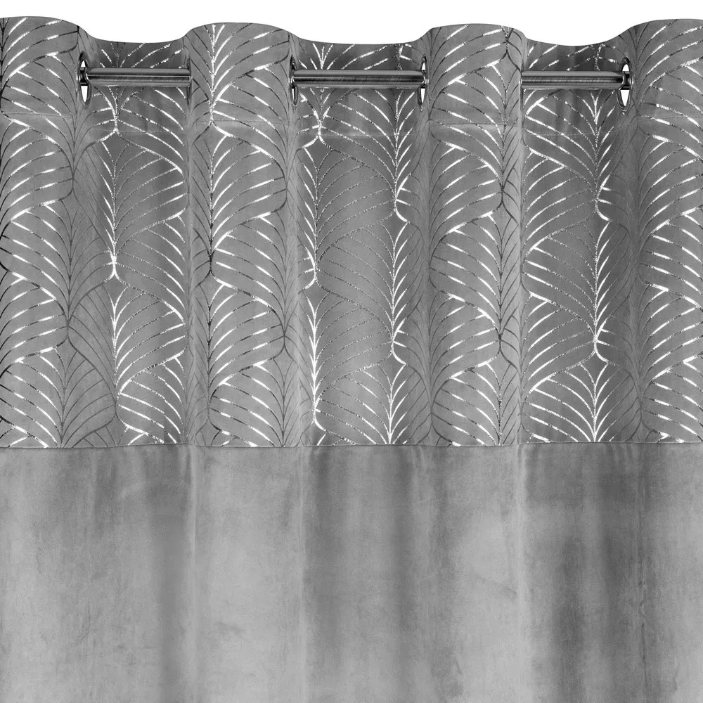 Zasłona 140x250 Lindi srebrna srebrna z geometrycznym nadrukiem welwetowa gotowa na przelotkach Eurofirany