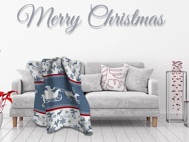 Koc bawełniany akrylowy 150x200 14170 A świąteczny Merry Christmas Mikołaj w saniach niebieski biały