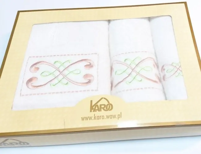 Komplet ręczników Valentini 3 szt biały z haftem różowy brudny seledynowy 30x50 50x100 70x140