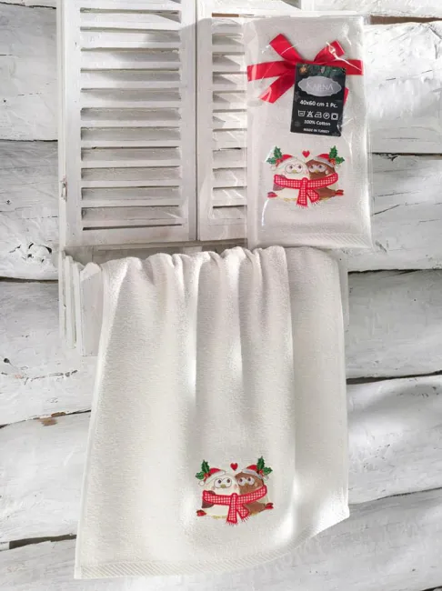 Ręcznik kuchenny świąteczny 40x60 Noel kremowy sowy sówki haftowany