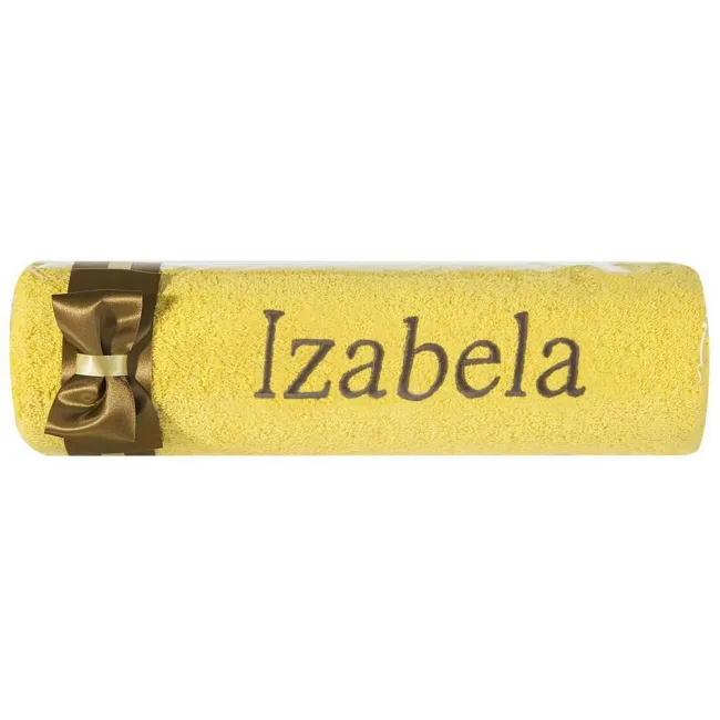Ręcznik z haftem 50x90 Izabela żółty brązowa kokarda na prezent imieninowy