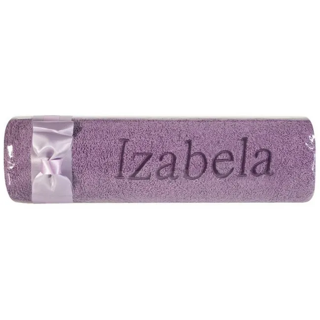 Ręcznik z haftem 50x90 Izabela fioletowy wrzosowa kokarda na prezent imieninowy