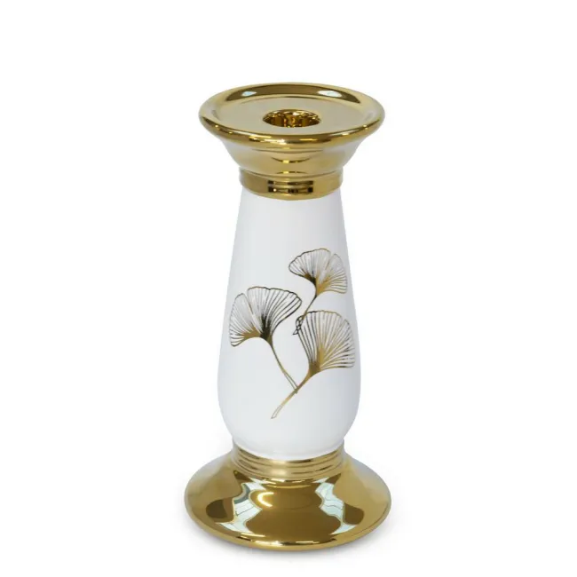 Świecznik ceramiczny 10x21 Ginko 1 biały złoty liście miłorzębu Eurofirany