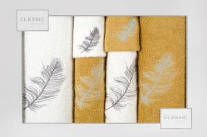 Komplet ręczników w pudełku 6 szt kremowy musztardowy Nadia 380g/m2 kwiatki liście gałązki Eurofirany