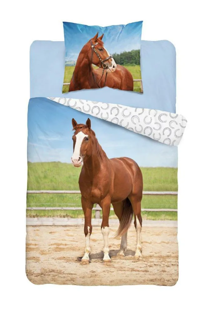 Pościel bawełniana 140x200 Koń konik Kasztanowy brązowy na wybiegu horse podkowy 1073