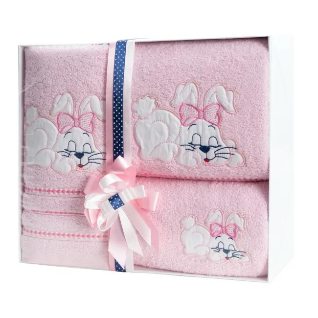 Komplet ręczników 3szt T/0344 Baby 38 Zajączek różowy w pudełku zestaw upominkowy na prezent dziecięcy Eurofirany