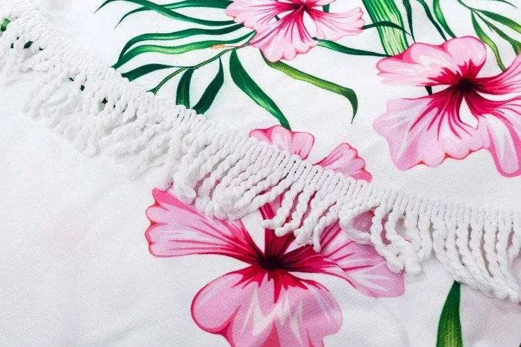 Ręcznik koc okrągły plażowy Boho 16 Tukany kwiaty różowe 150 cm mikrofibra 250g/m2 liście palmy