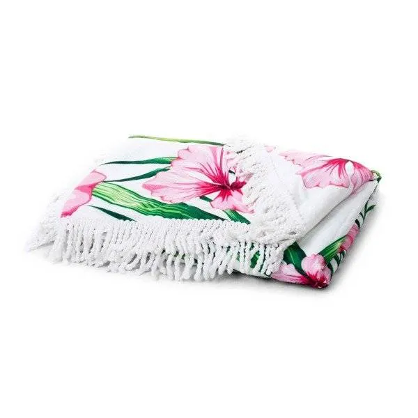 Ręcznik koc okrągły plażowy Boho 16 Tukany kwiaty różowe 150 cm mikrofibra 250g/m2 liście palmy