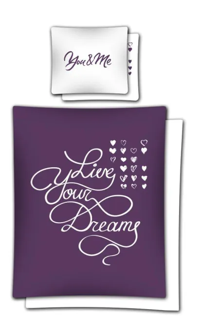 Pościel bawełniana 160x200 2408 A Żyj marzeniami Live Your Dreams Fioletowa Walentynki