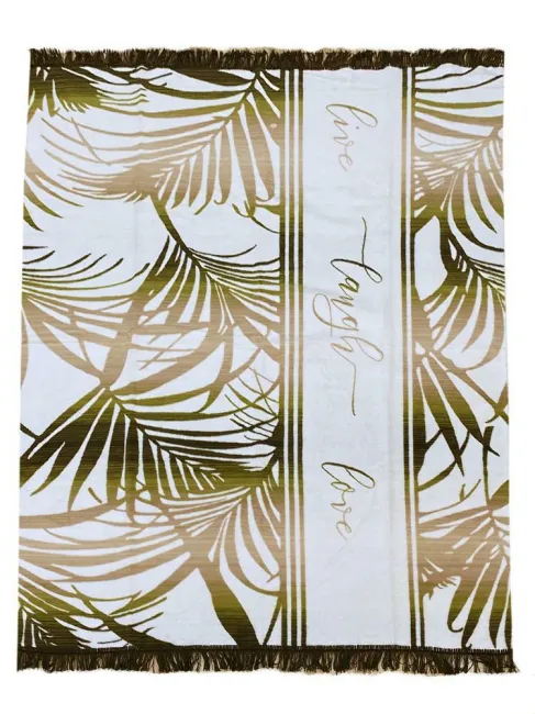 Koc bawełniano akrylowy 150x200 Liście palmy wzór 021 kremowy beżowy zielony z frędzlami
