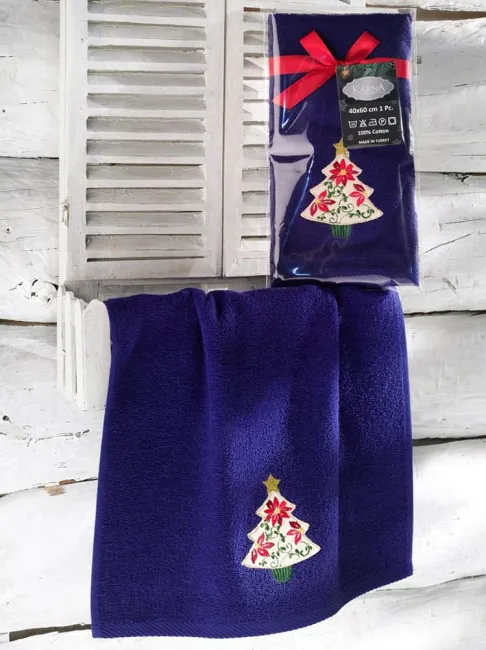 Ręcznik kuchenny świąteczny 40x60 Noel granatowy choinka haftowany