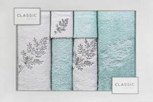 Komplet ręczników w pudełku 6 szt Kamil srebrny miętowy kwiatki liście gałązki 380g/m2 Eurofirany