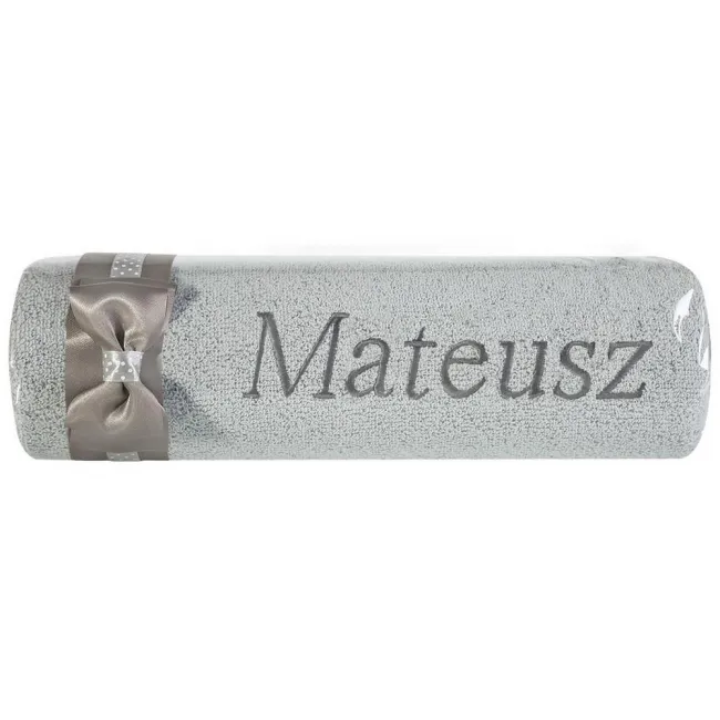 Ręcznik z haftem 50x90 Mateusz srebrny szara kokarda na prezent imieninowy