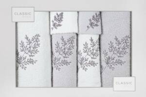 Komplet ręczników w pudełku 6 szt biały srebrny Kamil 380g/m2 kwiatki liście gałązki Eurofirany
