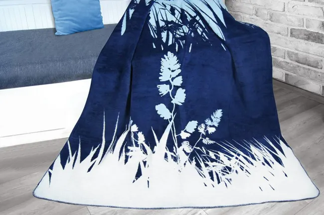 Koc bawełniany akrylowy 150x200 palmy liście przyroda Horizon granatowy ekri Glamour Greno