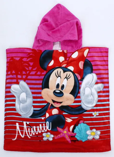 Poncho dla dzieci 55x110 Myszka Mini 3996 Minnie Mouse kwiatki palmy różowy ręcznik z kapturkiem