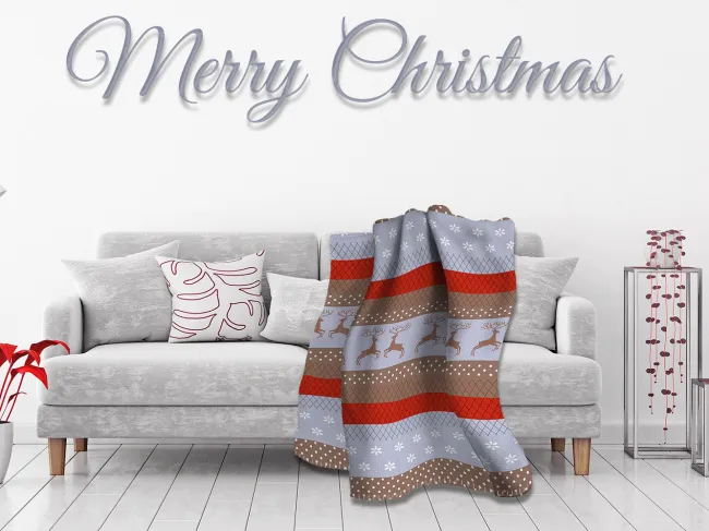 Koc bawełniany akrylowy 150x200 17414 A świąteczny Merry Christmas rozbrykane ranifery szary brązowy czerwony