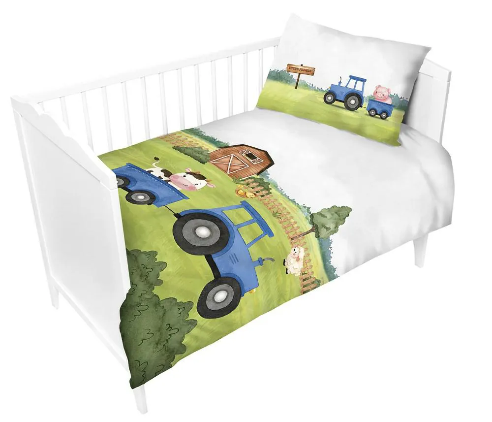Pościel bawełniana 100x135 Traktor niebieski 3286 B Farma szara dziecięca do łóżeczka poszewka 40x60